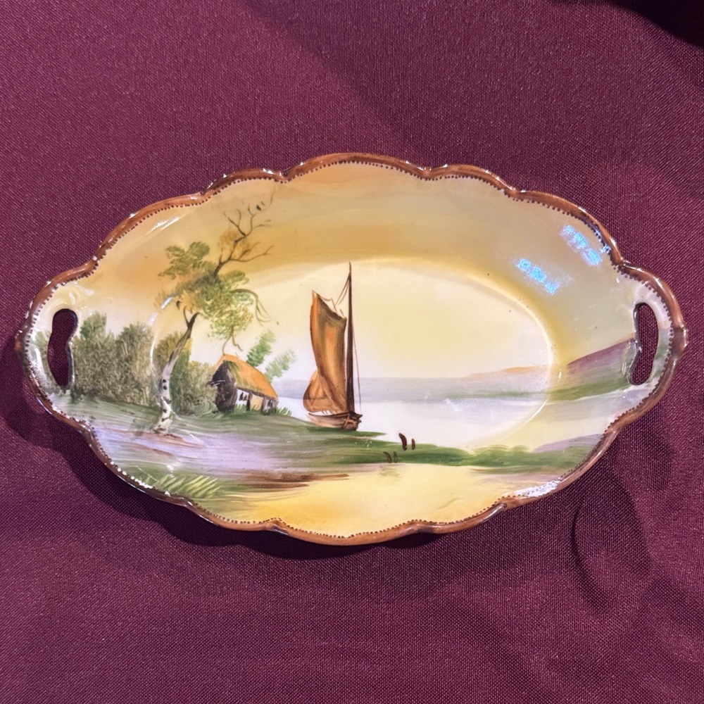 Noritake Oval Dish with Sailboat and Cottage Scene